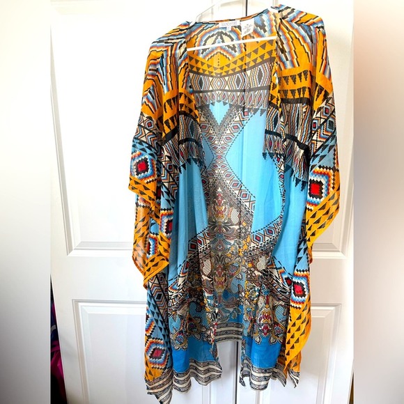 Patrons of Peace Western Style Kimono, Size M/L, Colorful, Blue and Orange, NWOT - Picture 3 of 10